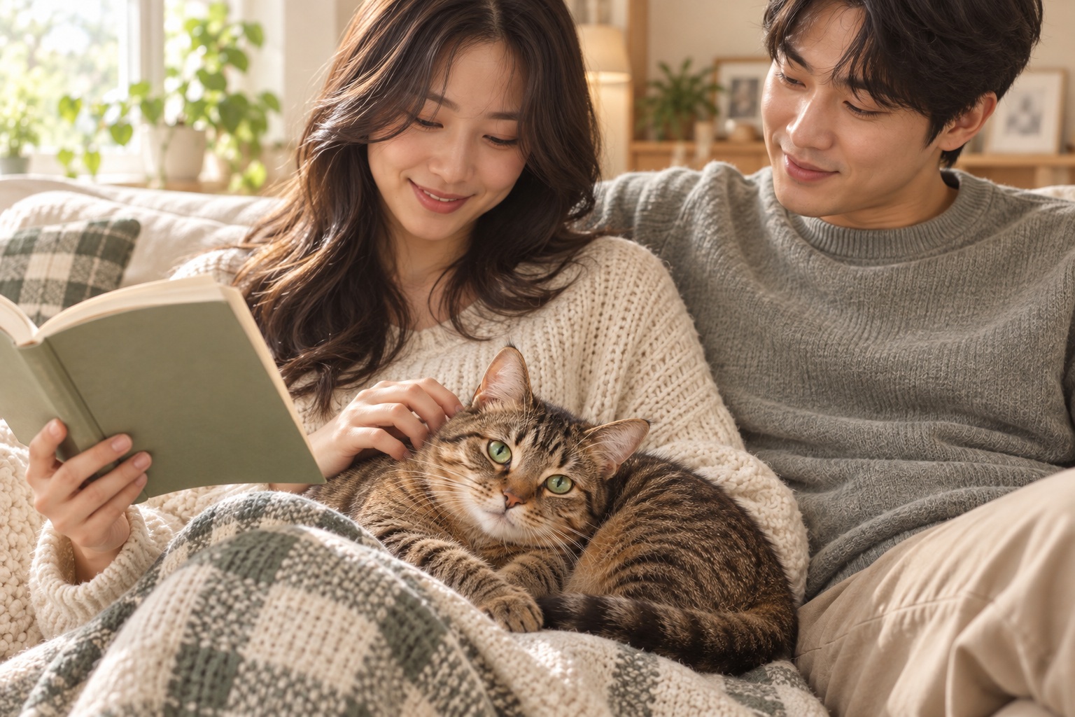 책 읽는 가족의 무릎에서 보낸 오후